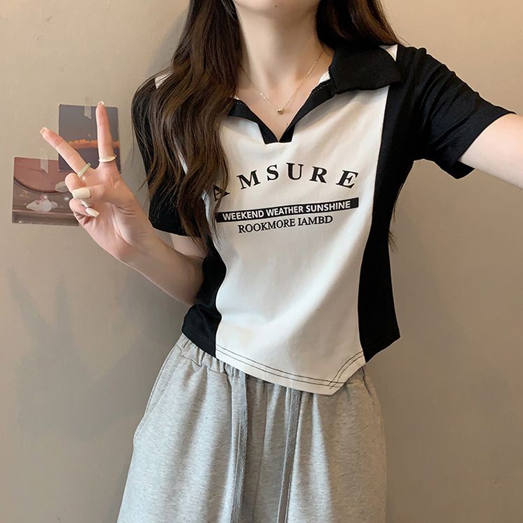 COZOK Áo polo Ngắn Tay In Chữ Ôm Dáng Thiết Kế Lệch Tà Cá Tính