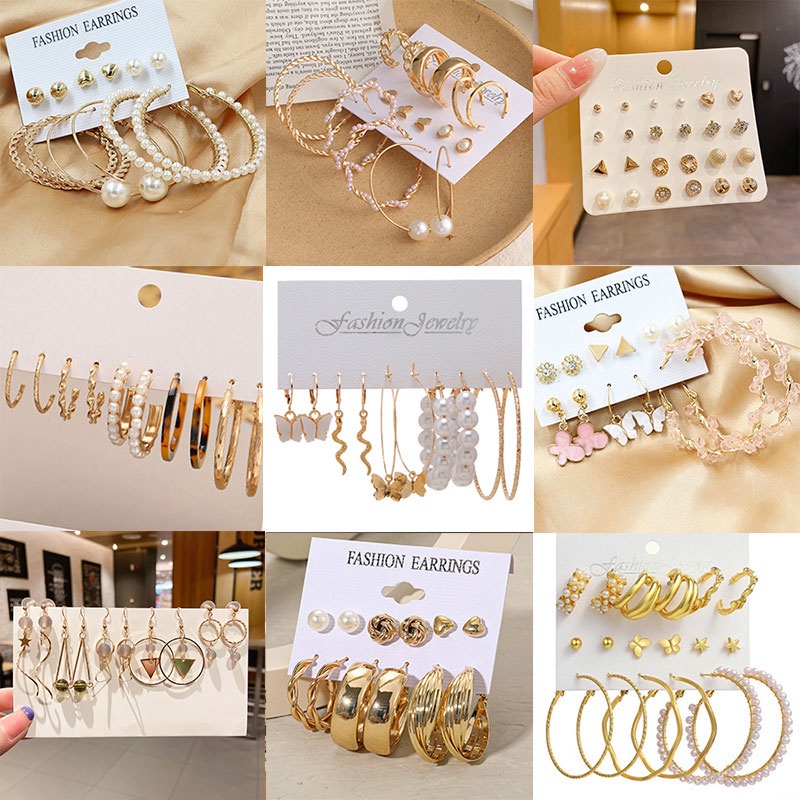 Set 6 Bộ Bông Tai Vàng Thời Trang Pha Lê Ngọc Trai Xoắn Bộ Hoa Tai Phụ Kiện Trang Sức Cho Nữ