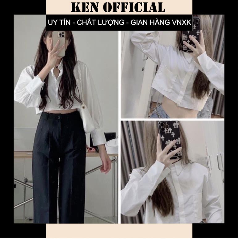 Áo Sơ Mi Croptop Dài Tay Hàn Quốc❣️Sơ Mi Tay Bồng 1 Túi Xinh Tươi - Ken Official