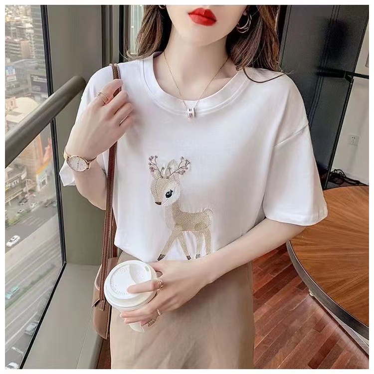 Áo Thun Cotton Ngắn Tay Dáng Rộng Thêu Họa Tiết Thời Trang Mùa Hè Hàn Quốc