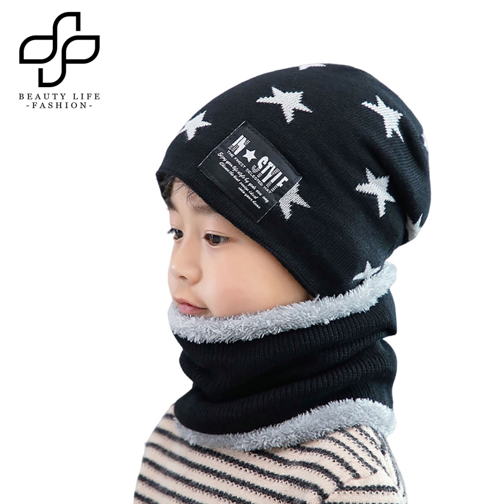 Bộ 2 Món Mũ beanie + Khăn Choàng Cổ + Khăn Choàng Dày Dặn Độ Co Giãn Cao In Họa Tiết Ngôi Sao Xinh Xắn Cho Bé