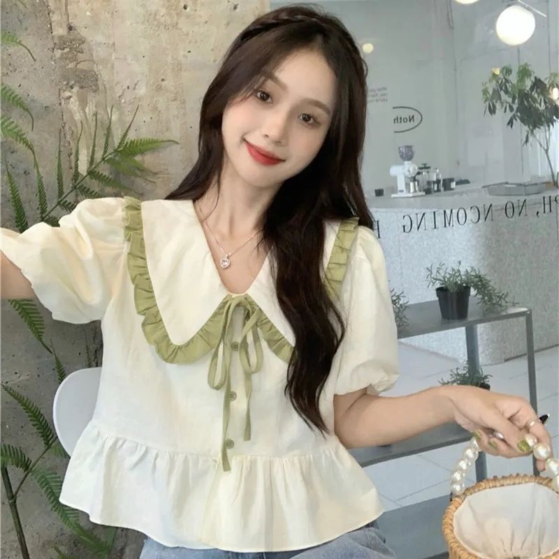 Áo Sơ Mi Tay Ngắn Phồng Cổ Búp Bê Phong Cách Hàn Quốc Thời Trang Mùa Hè Xinh Xắn Cho Nữ