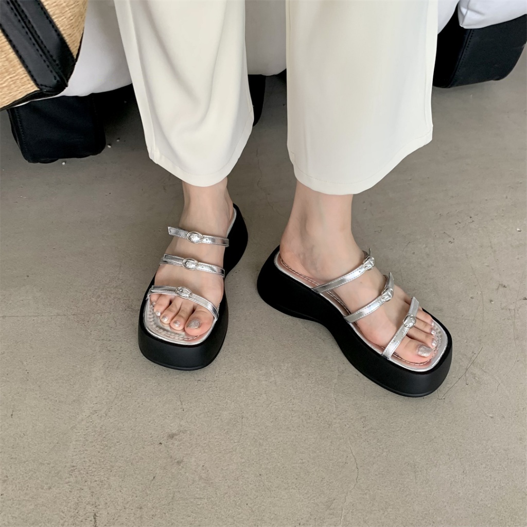 Giày Sandal Đế Dày Tăng Chiều Cao Phối Khóa Thời Trang Mùa Hè 2023 Cho Nữ