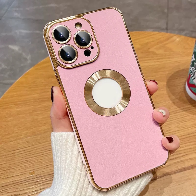 Ốp Điện Thoại Da Viền Silicon Dẻo Mạ Điện In Logo Sang Trọng Chống Sốc Cho Iphone 11 12 13 14 Pro Max 14 Plus