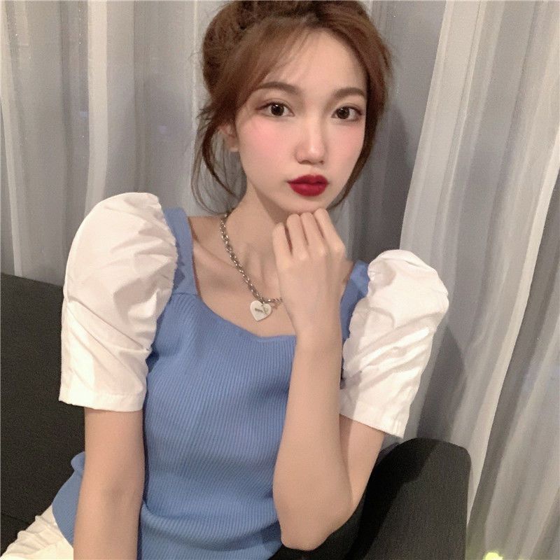 áo croptop dệt kim tay ngắn len trễ vai nữ cổ vuông dáng ôm thời trang mùa hè 2023 phong cách cổ điển dành cho bạn nữ