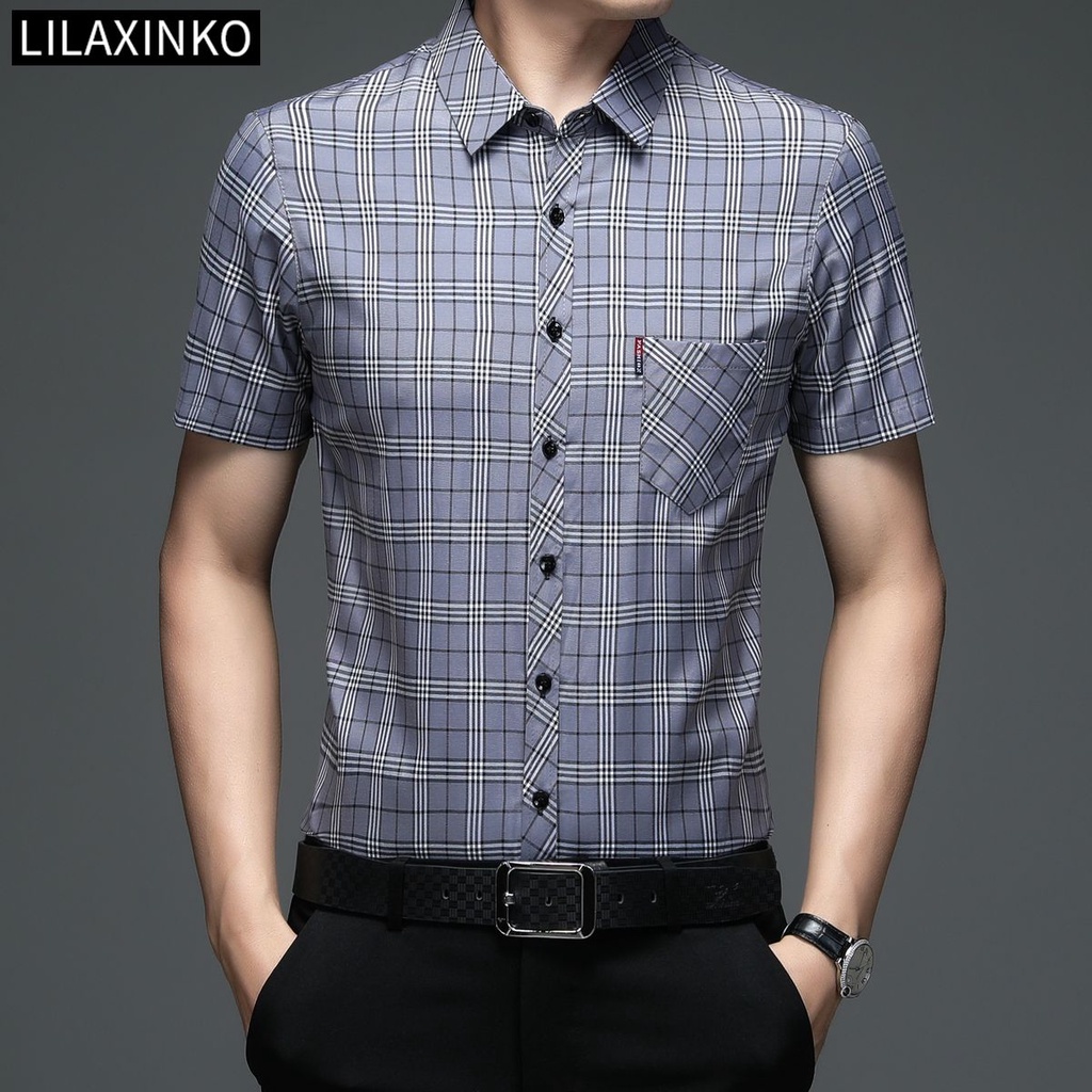 Áo Sơ Mi Cotton Tay Ngắn Có Túi Họa Tiết Sọc Caro 4 Màu Chất Lượng Cao Thời Trang Cho Nam