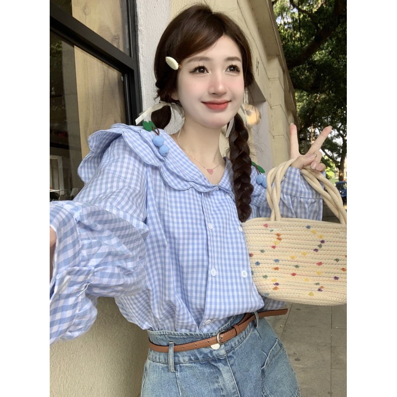 Áo sơ mi SUXI tay dài phồng cổ búp bê họa tiết sọc caro ngọt ngào thời trang cho nữ