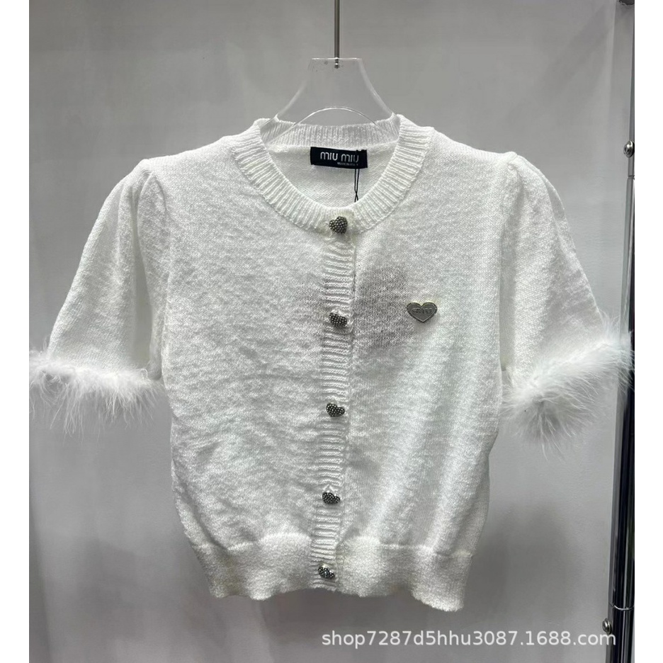 MIU MIU spring and summer new woolen round neck short-sleeved knitted cardigan love rhinestone design slim fit stylish all-match 8INH