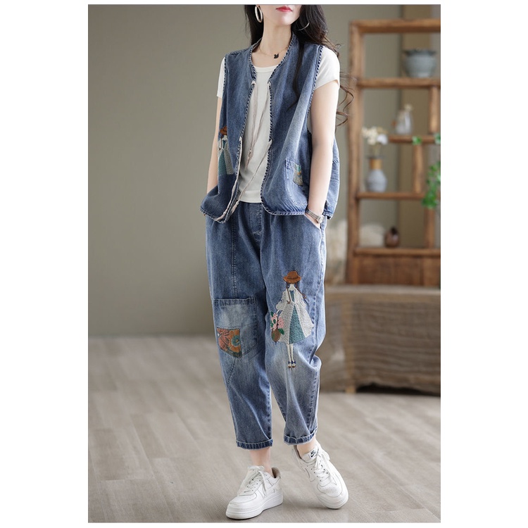 Áo Khoác Denim Không Tay Dáng Rộng Thêu Họa Tiết Cá Tính Theo Phong Cách Vintage