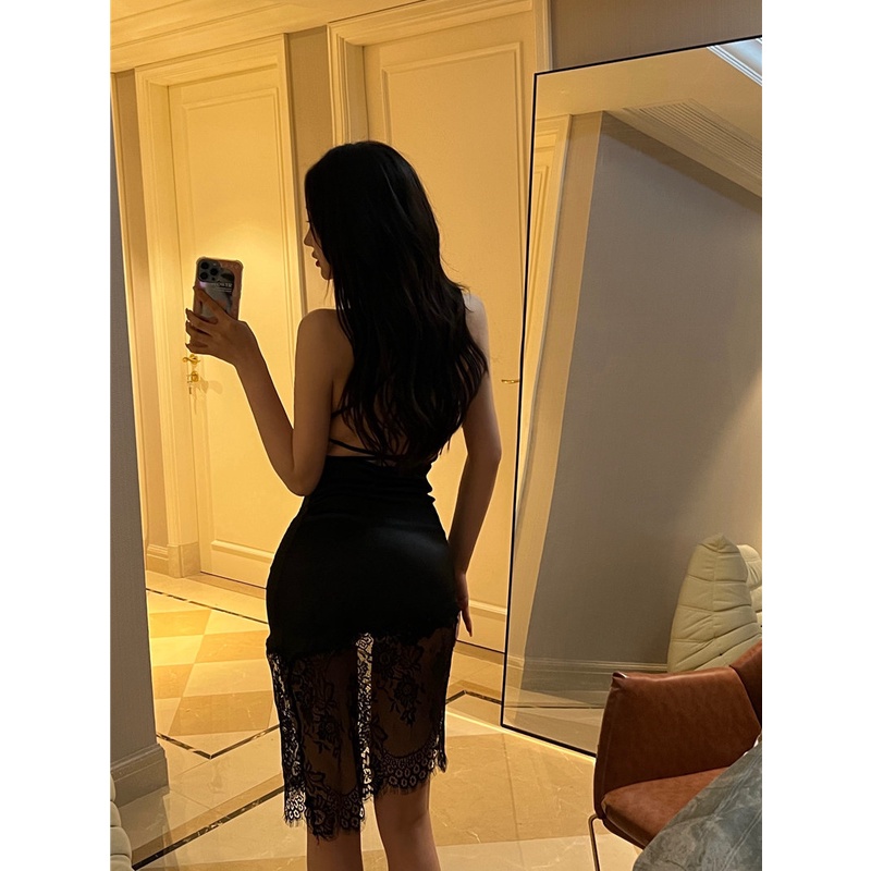 COZOK Đầm Hai Dây Ngắn Vải Satin Phối Ren Màu Đen Quyến Rũ