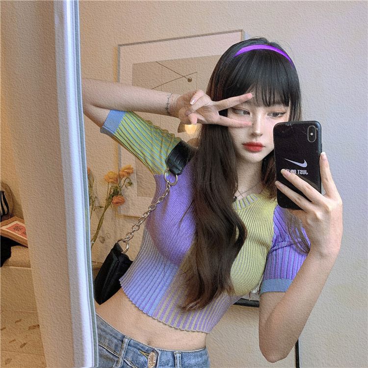 Hàng Mới Về Mới Áo Thun Lụa Lạnh Tay Ngắn Hở Rốn Ôm Dáng Thoáng Khí Thời Trang Mùa Hè