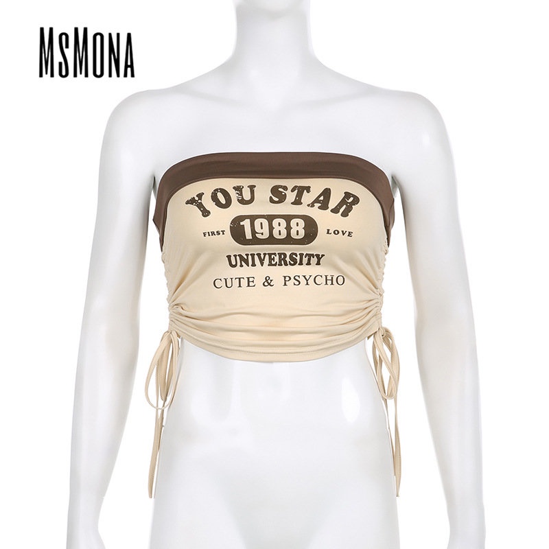 MsMona Áo Ống Mỏng Vừa Vặn Hở Vai In Chữ Màu Tương Phản Thời Trang 2023 Cho Nữ