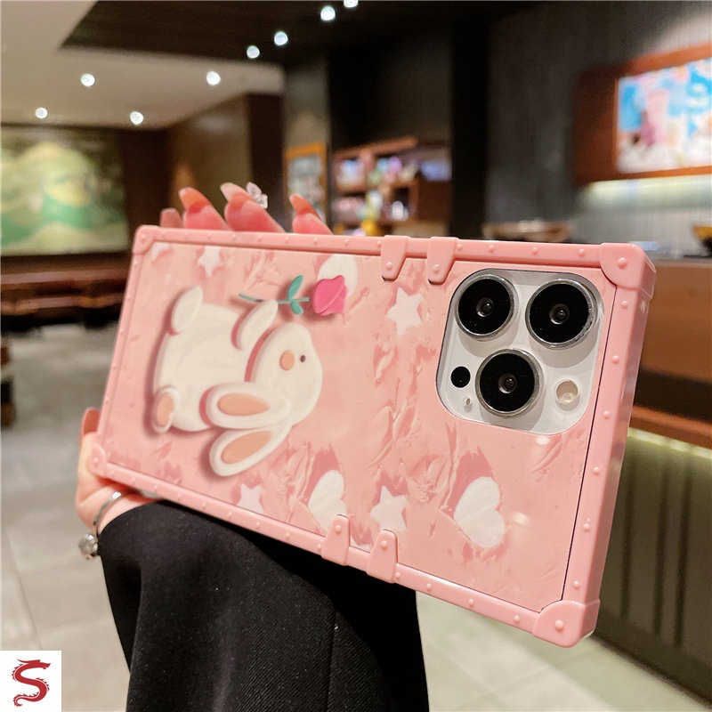 Ốp Điện Thoại Hình Vuông Họa Tiết Hoa Hồng Và Thỏ Dễ Thương Cho iPhone 14 Pro Max 13 12 11 Pro Max XR XS Max 7 8 6s Plus SE2