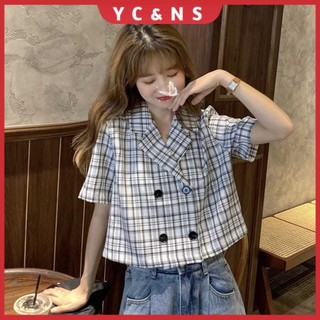 Áo sơ mi caro dán ngắn phối nút phong cách Hàn Quốc xinh xắn cho nữ