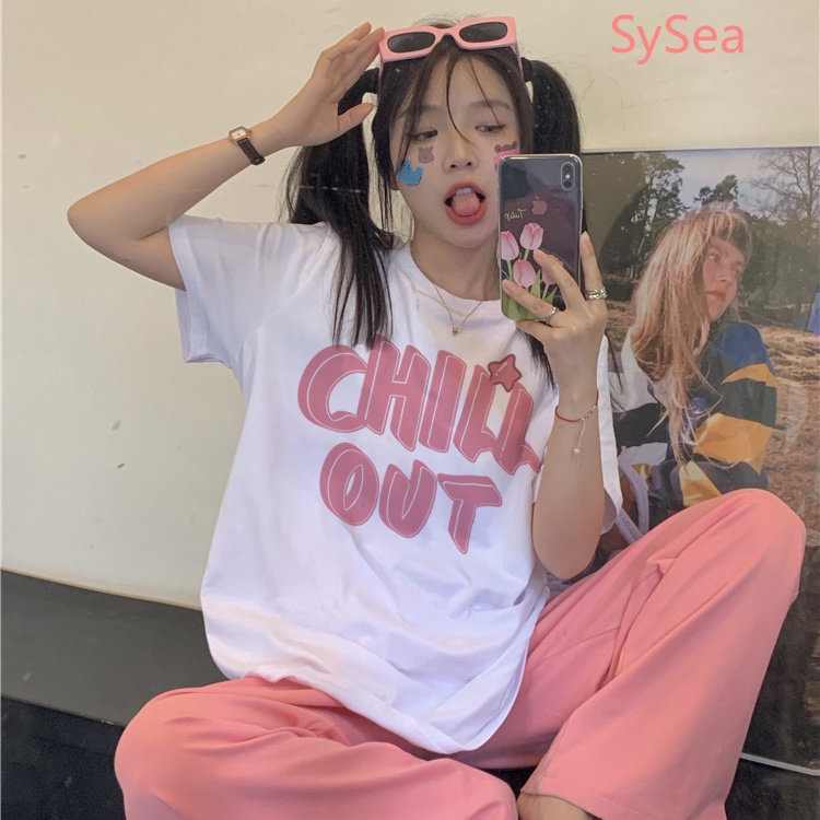 Áo Thun Dáng Rộng Cổ Tròn In Chữ Kiểu Hàn Quốc Thời Trang Mùa Hè Cho Nữ