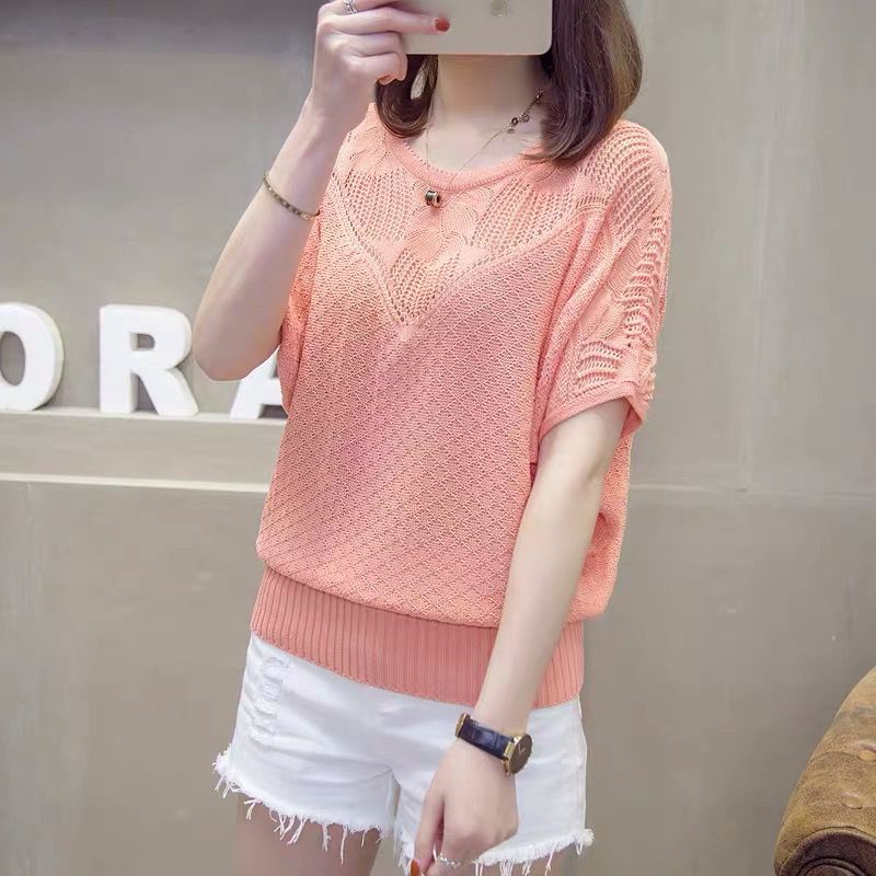 Áo Thun Cánh Dơi Dệt Kim Màu Trơn Cổ Tròn Dáng Rộng Thời Trang Xuân Hè