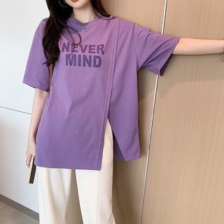 Áo Thun Tay Ngắn Cổ Tròn Dáng Rộng Xẻ Tà In Họa Tiết Thời Trang Cho Nữ