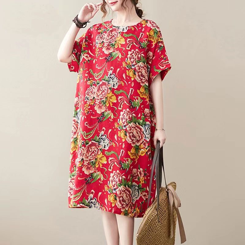 Đầm Tay Ngắn Dáng Rộng Cỡ Lớn Che Bụng Họa Tiết Hoa Phong Cách Dân Tộc Thời Trang Mới