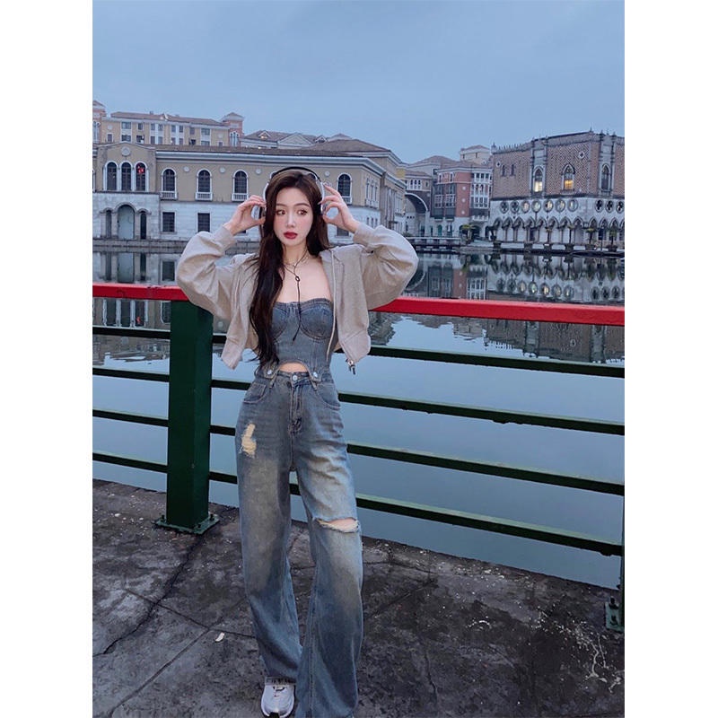 Set Đồ Nữ Áo Croptop Áo Quây Bò Sexy, Quần Jean Ống Rộng Rách Gối Cạp Cao Retro Bộ Đồ Nữ Denim Đi Chơi Mùa Hè SD267