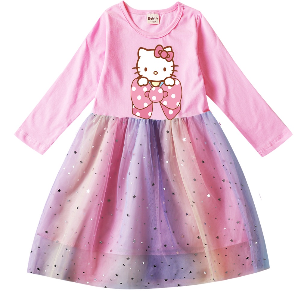 Đầm Tay Ngắn / Dài In Hình Hello Kitty Màu Cầu Vồng Cho Bé Gái 3-15 Tuổi
