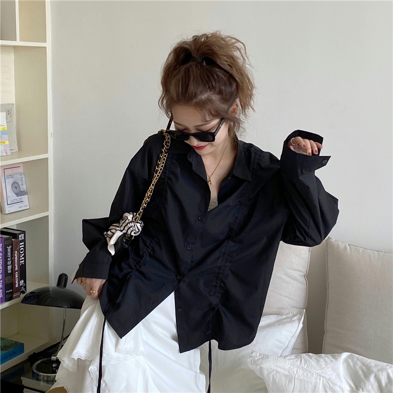 IELGY   Áo Sơ Mi Trắng Dáng Rộng Dây Rút Buộc Thiết Kế Cảm Giác Hàn Quốc Cho Nữ