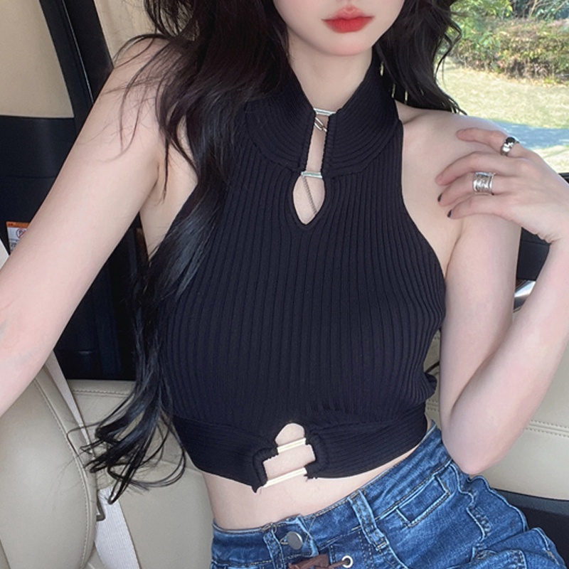 Áo Dệt Kim Sát Nách Dáng Ngắn Khoét Cổ Thời Trang Mùa Hè Quyến Rũ Cho Nữ