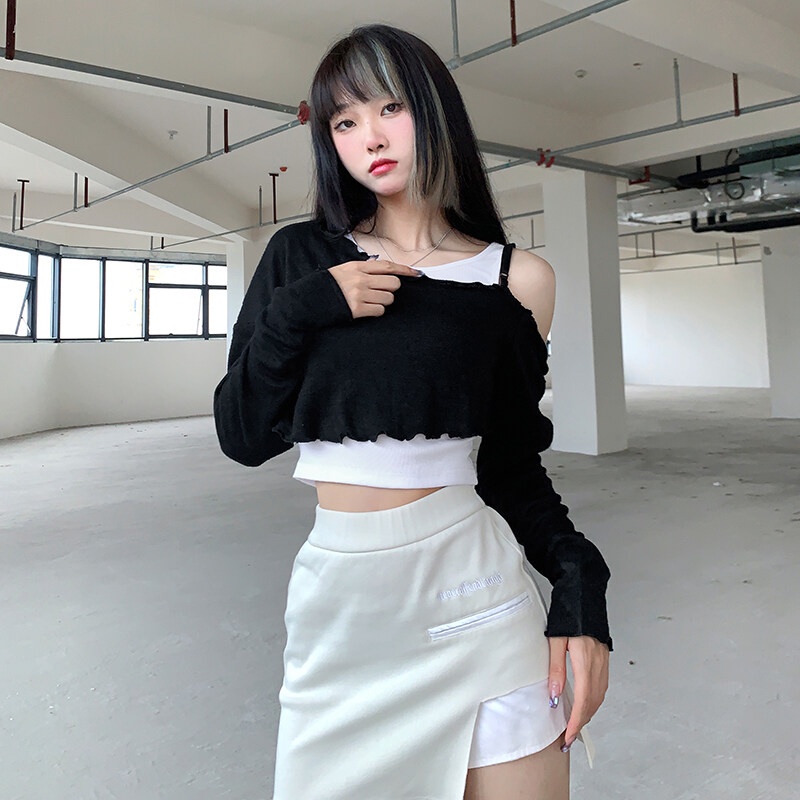 Kliou 2023 Mới Set Áo Thun Cotton Trắng Đen Tay Dài Dáng Rộng Quyến Rũ Dễ Phối Đồ Thời Trang 2023