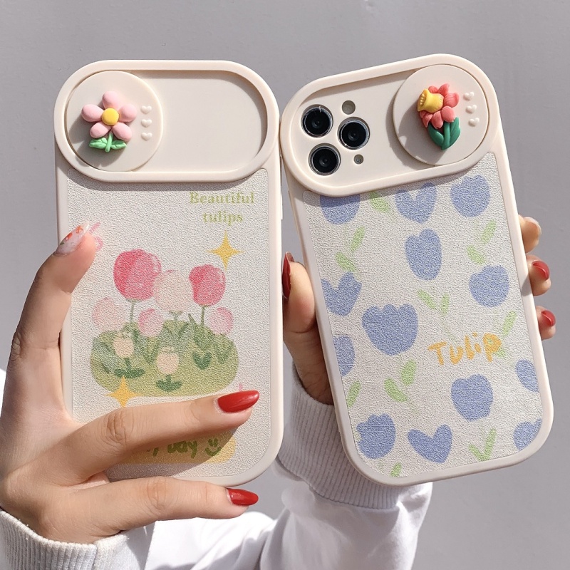 Ốp Lưng Da Bảo Vệ Camera - Có Nắp Trượt Mẫu Flower Nổi - NT020