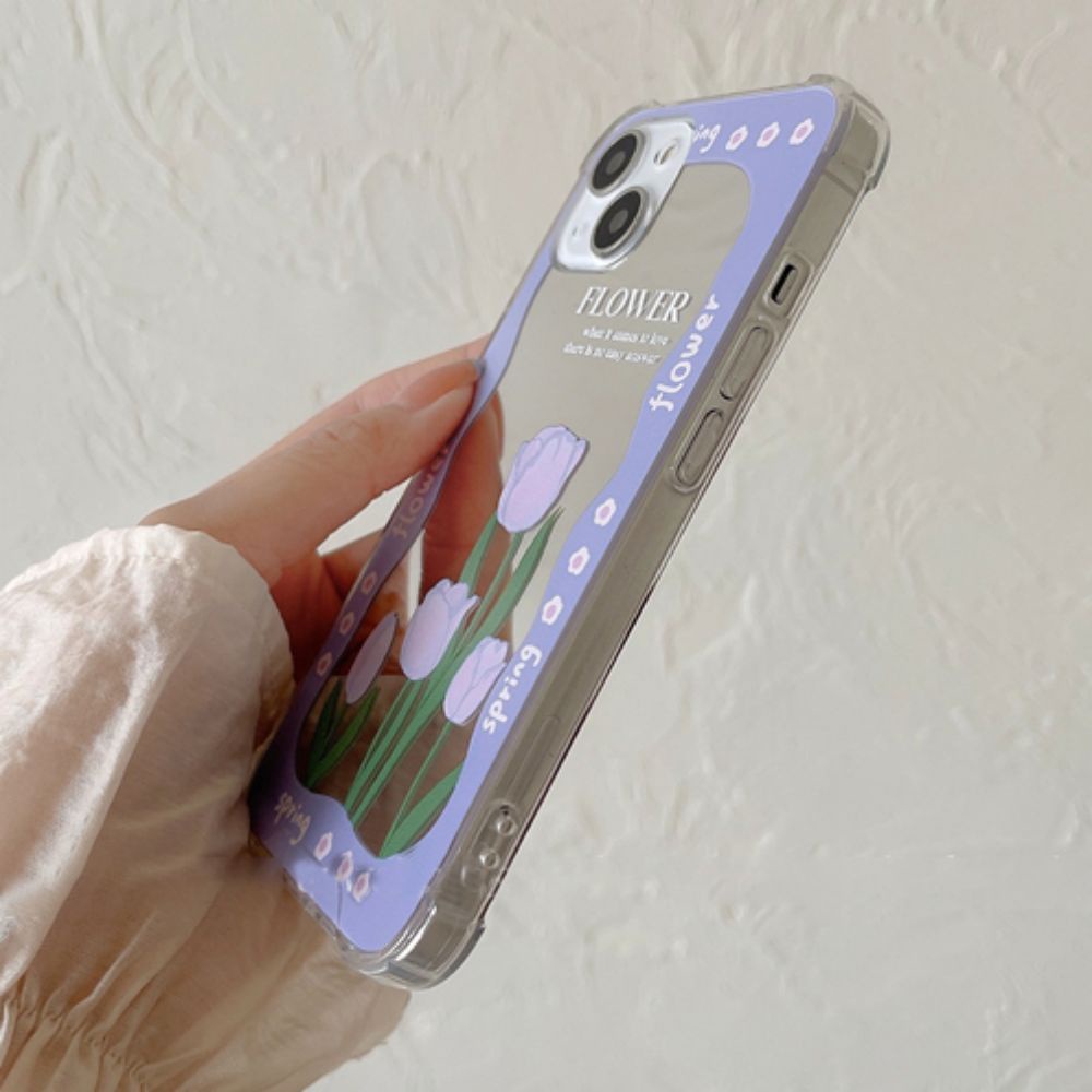 Ốp Điện Thoại TPU Dẻo Gắn Gương Hình Hoa Tulip Tím Thời Trang Cho IPhone 14 13 12 11 Pro Max XS XR 8 7 Plus