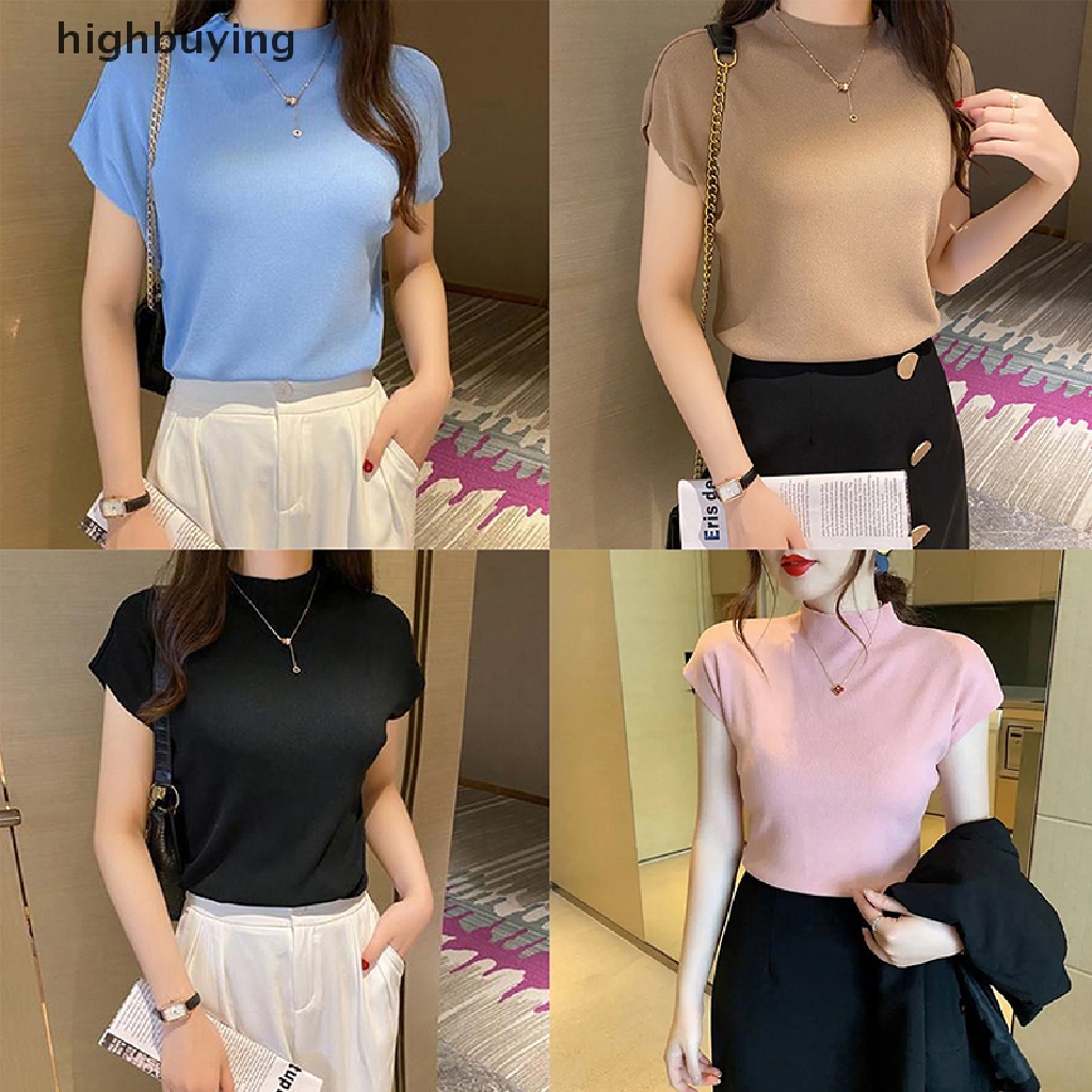Áo Thun Dệt Kim Tay Ngắn Cổ Lọ Màu Sắc Đơn Giản Cho Nữ
