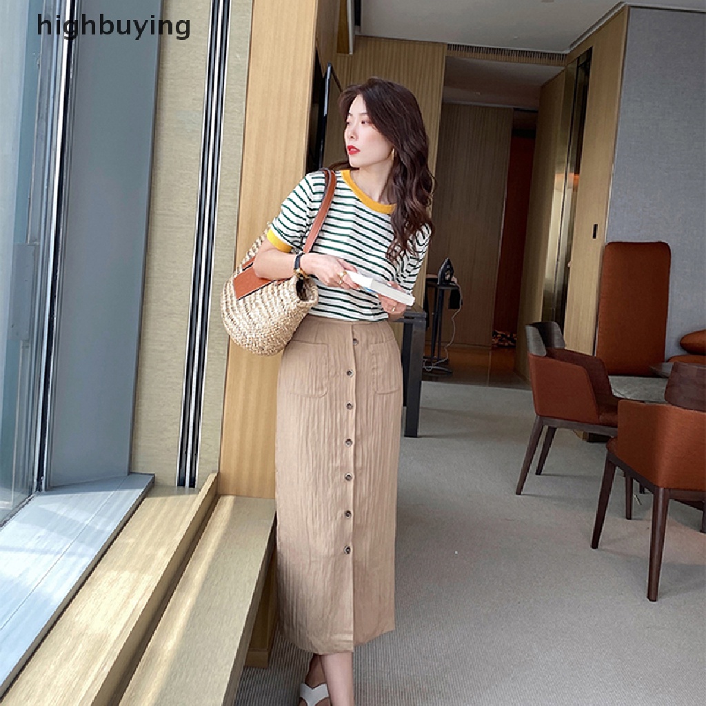 Áo Thun Dệt Kim Tay Ngắn Cổ Tròn Họa Tiết Kẻ Sọc Thời Trang Mùa Hè Cho Nữ