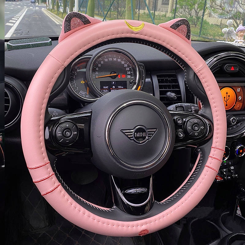 38cm Cartoon Cat Ears Steering Wheel Cover Girl PU Leather Four Seasons Fashion Trending Cute with Diamonds Car Steering Wheel Cover 83xy