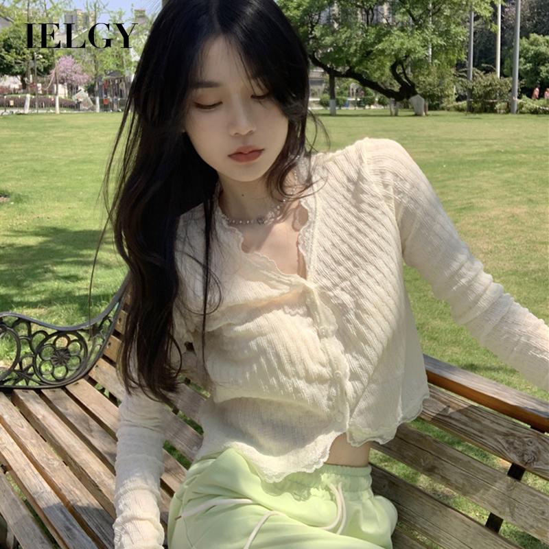 IELGY  Áo Sơ Mi Chống Nắng Dáng Ôm Phối Ren Thanh Lịch Cho Nữ