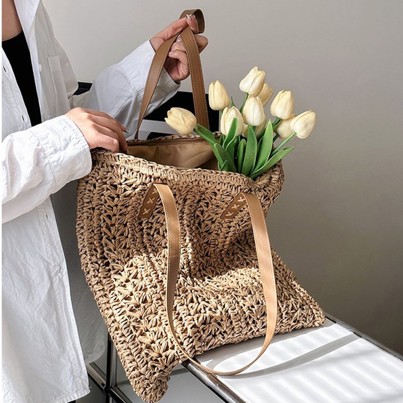 Túi Xách Đeo Vai Sức Chứa Lớn Họa Tiết Hoa Và Ống Hút Phong Cách Hàn Quốc Cho Nữ