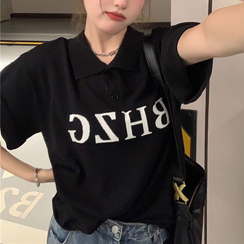 IELGY Áo polo Dệt Kim Tay Ngắn Dáng Rộng Thời Trang Cho Nữ