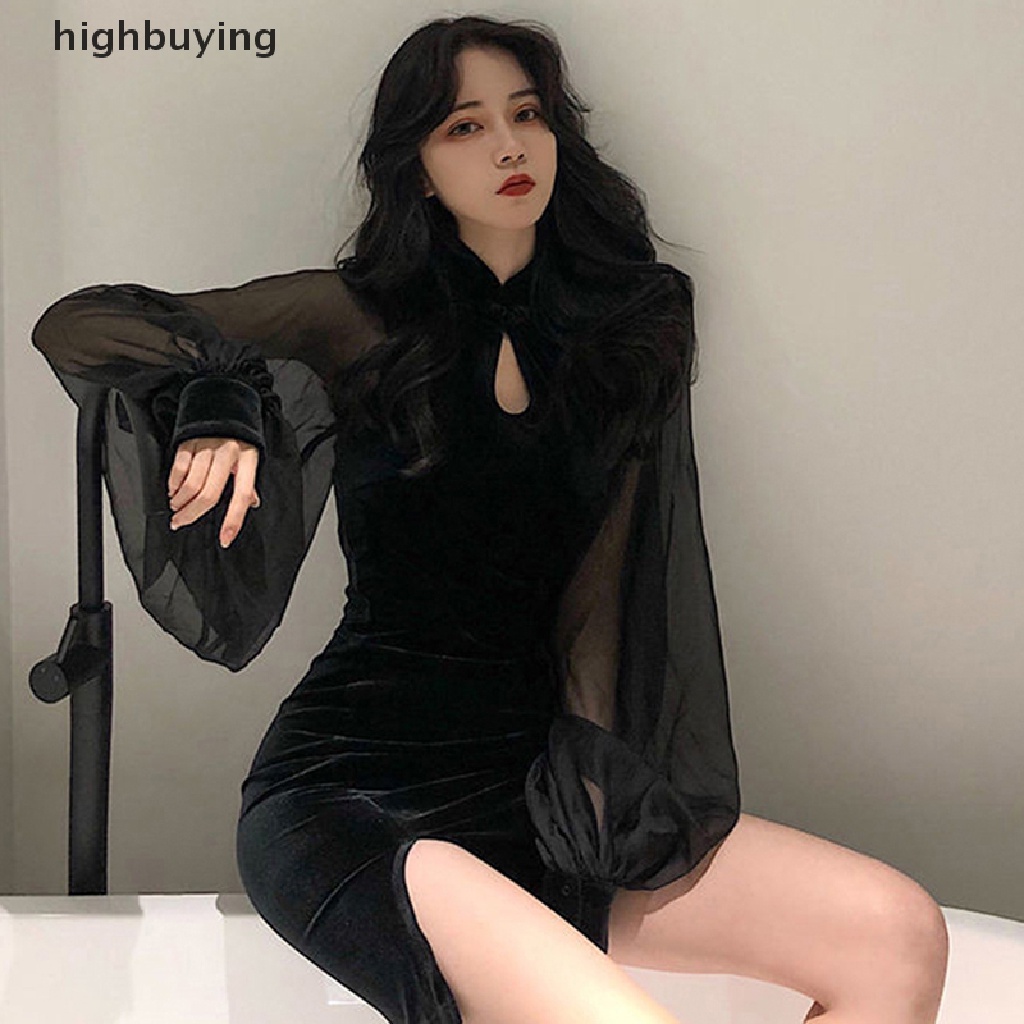 Hbvn Belle Đầm Nhung Màu Đen Tay Phồng Ghép Nối Kiểu Retro Gợi Cảm Cho Nữ Vestido De Mujer Femme
