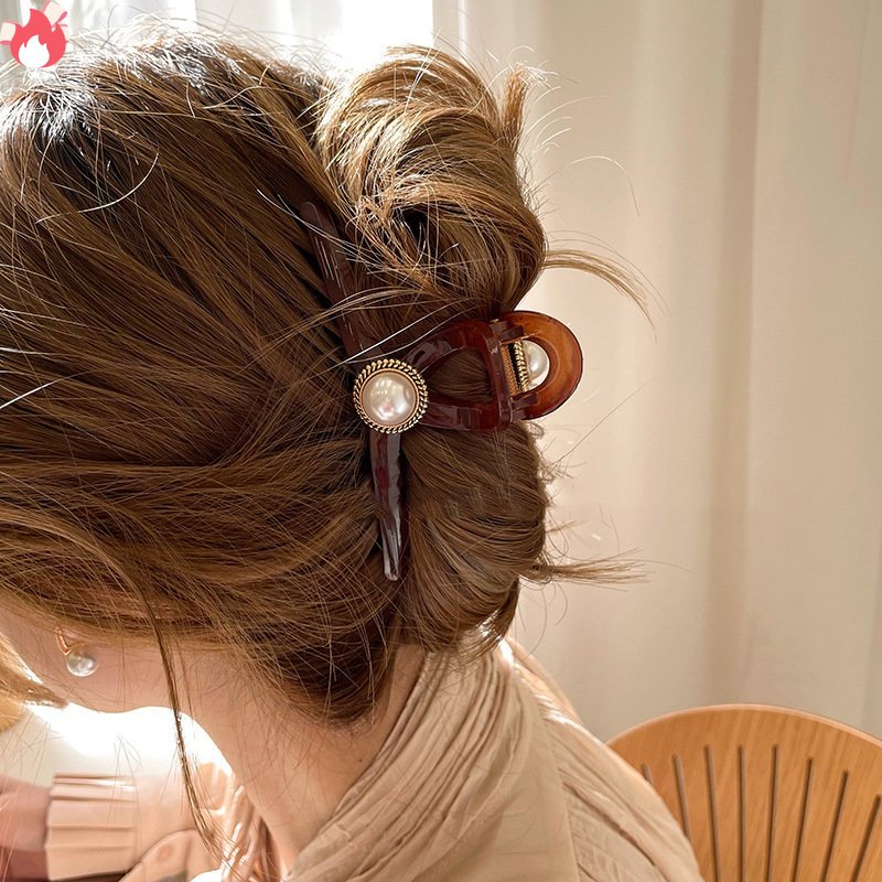 Kẹp Tóc Cá Mập Đính Ngọc Trai Giả Đầu Chéo Sau Lưng ruiyan