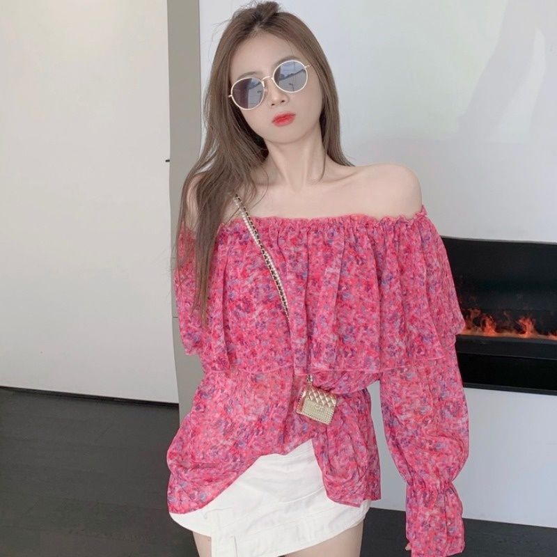 Áo kiểu trễ áo trễ vai Off Shoulder Áo Sơ Mi Chiffon Floral Tay Loe Trễ Vai Dáng Rộng In Hoa Thời Trang Mùa Hè Cho Nữ