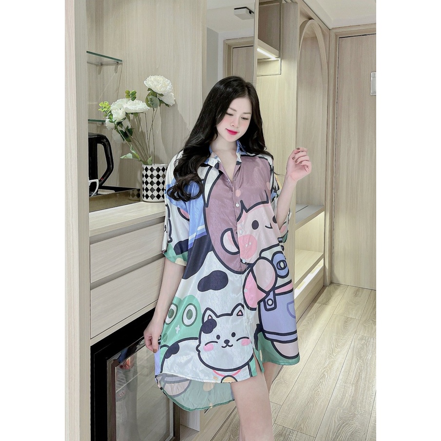 Đầm ngủ sơmi in hình hoạt hình so cute chất lụa xước - Váy ngủ nữ Freesize