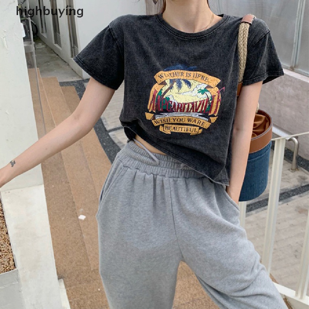 Áo Thun Croptop Tay Ngắn Cổ Tròn Dáng Rộng In Họa Tiết Kiểu Retro Mỹ Xinh Xắn Cho Nữ