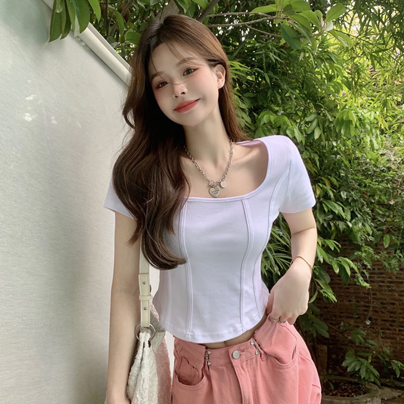COZOK Áo Thun Nữ Tay Ngắn Cổ Vuông Phong Cách Hàn Quốc