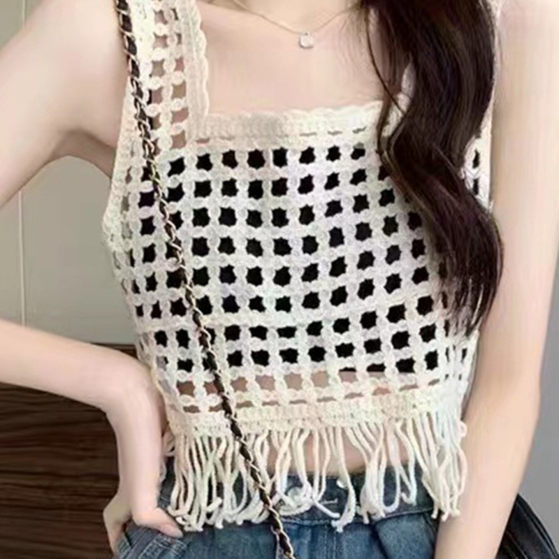 Áo Croptop Dệt Kim Không Tay Viền Tua Rua Thời Trang Cho Nữ