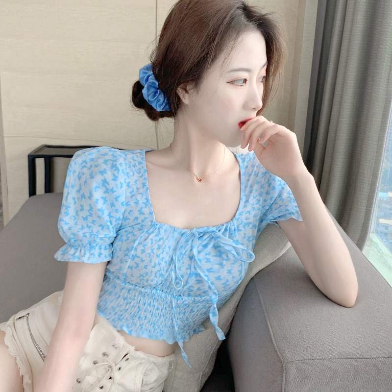 IELGY     Áo Thun Tay Phồng In Họa Tiết Bươm Bướm Dễ Thương Phong Cách Pháp Thời Trang Cho Nữ