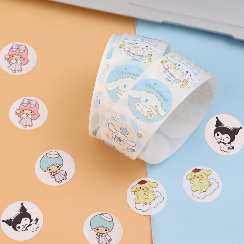 SANRIO Cuộn 500 Nhãn Dán Hình Tròn Tự Dính Họa Tiết Hoạt Hình Trang Trí Sổ Tay / Thiệp Mời