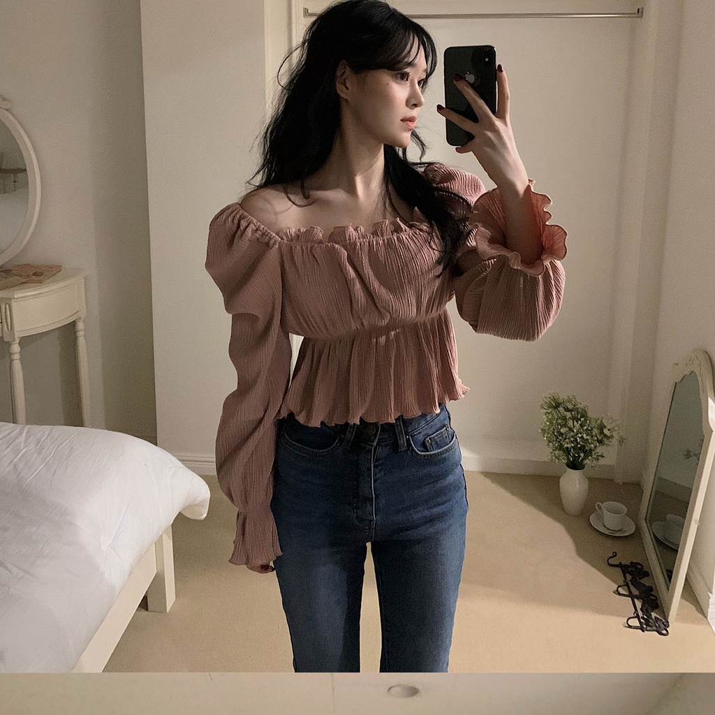 SUXI Áo Sơ Mi Tay Dài Phồng Trễ Vai Màu Trơn Phong Cách Hàn Quốc