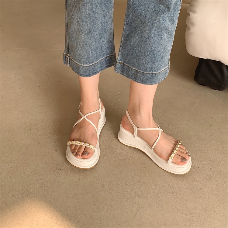 Sandal Đế Xuồng Hở Ngón Phối Dây Xích Kim Loại Thời Trang 2023 Dành Cho Nữ