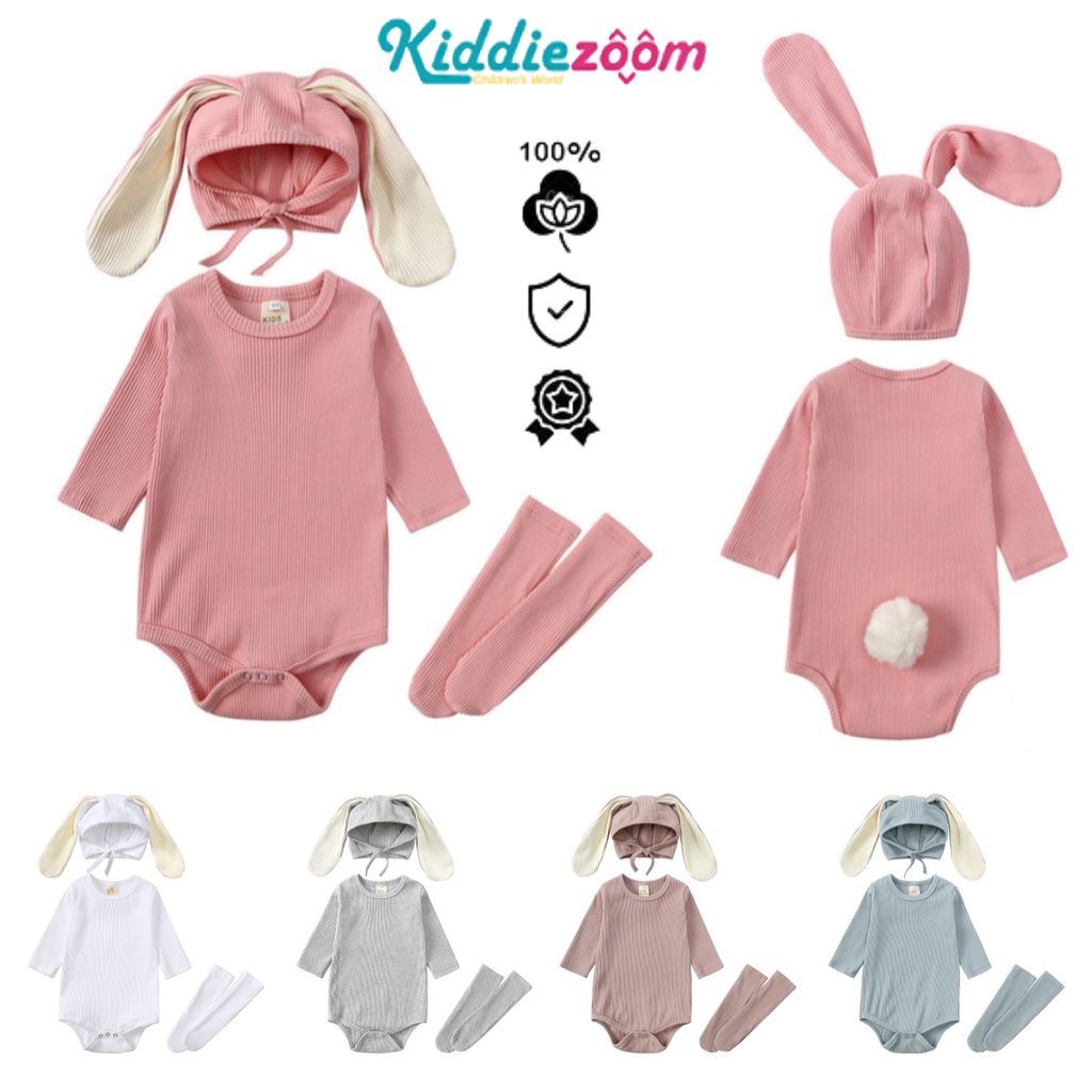 Set Đồ 3 Món Gồm Áo Liền Quần Màu Trơn + Mũ Thỏ + Vớ Dài Đến Đầu Gối Thời Trang Cho Bé Trai / Gái
