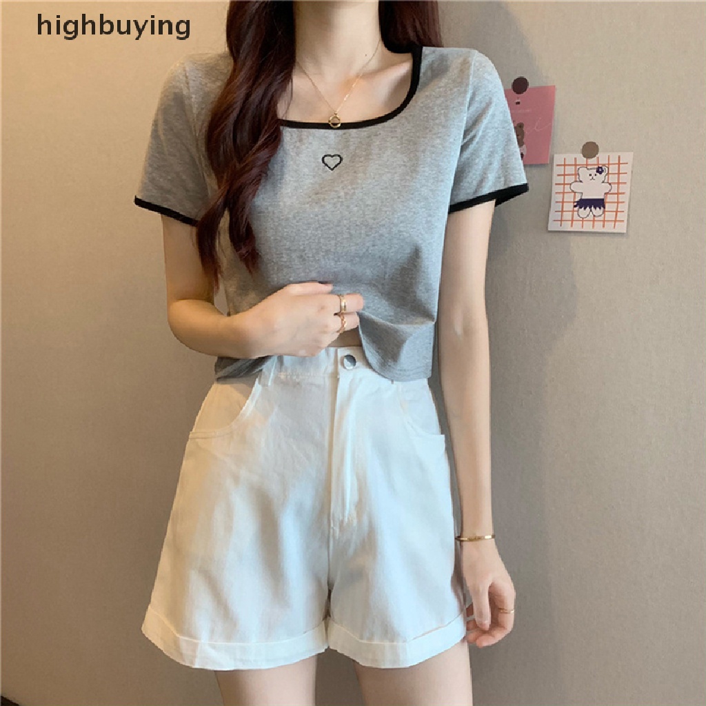 Áo Thun Croptop Ngắn Tay Cổ Vuông Thêu Họa Tiết Trái Tim Màu Sắc Tương Phản Thời Trang Mùa Hè Cho Nữ
