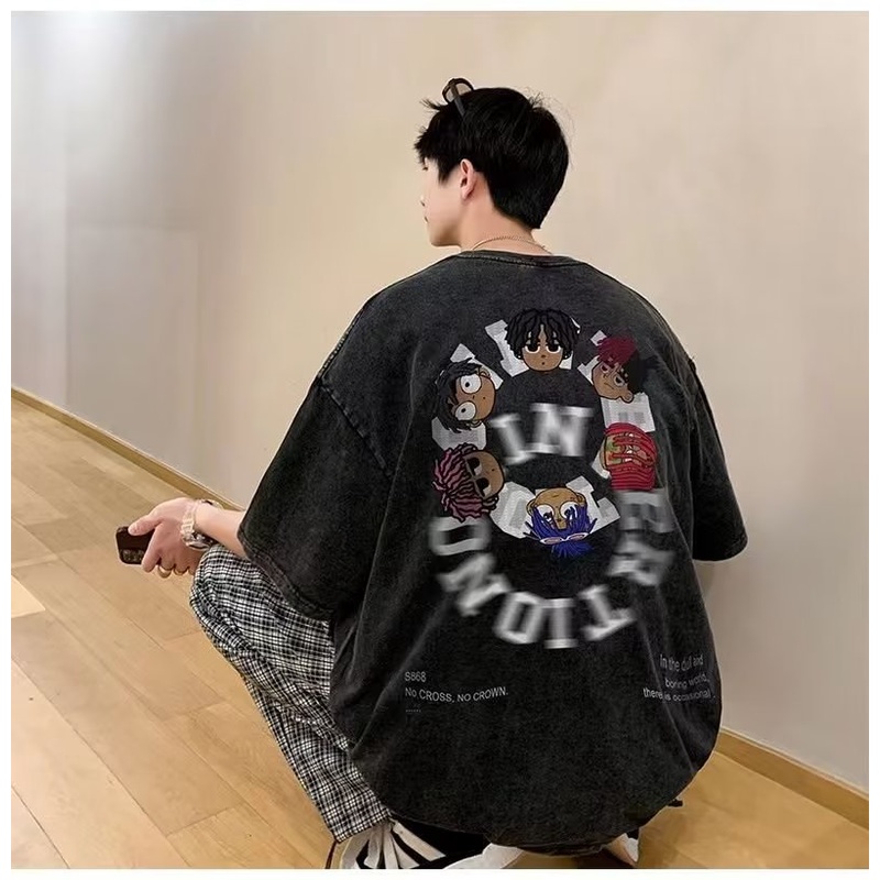 Áo Thun Cotton Tay Lửng Dáng Rộng Phong Cách Hip hop Đường Phố Thời Trang Mùa Hè Mới Cho Nam