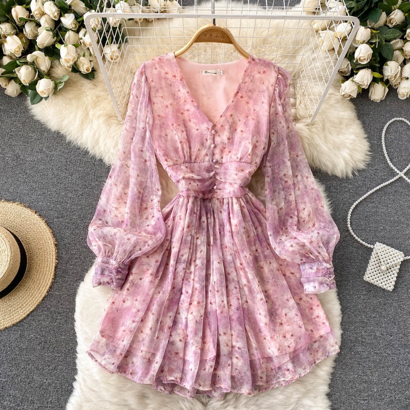 Đầm Tay Phồng Ngắn Cổ Chữ v Xếp Ly Lưng Cao In Họa Tiết Hoa Thời Trang Mùa Hè Phong Cách Hàn Quốc Cho Nữ